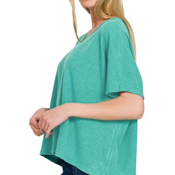 Zenana Ribbed V-Neck Short-Sleeve Knit Top - Picture 2 of 3